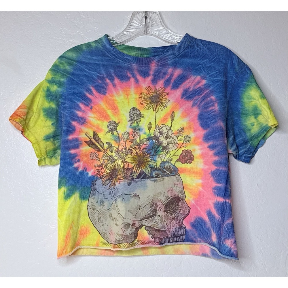 Gildan Tie Dye Cropped Tee‎ Size Small Skull Floral Colors Y2k Hippie Festival